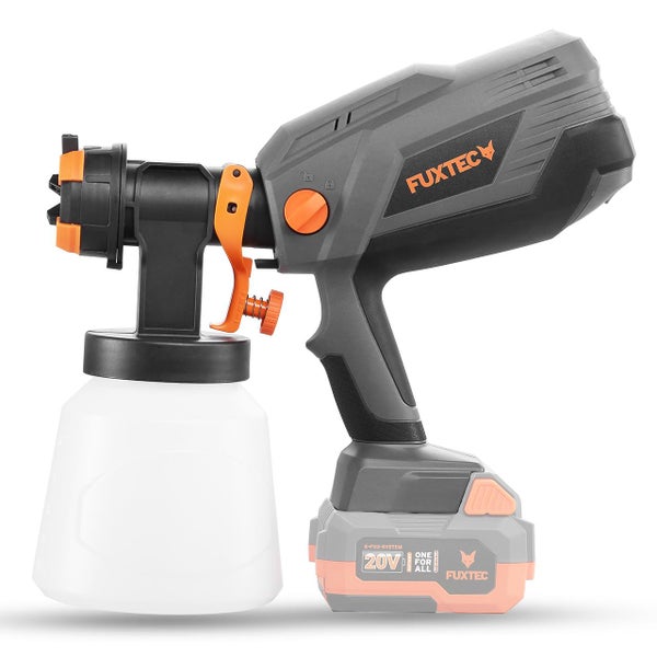 Fuxtec Akku-Farbsprühsystem 20 Volt mit weißem Behälter, ergonomischem Griff und Fuxtec Logo.