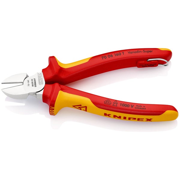 Knipex Seitenschneider mit Befestigungsöse verchromt, isoliert mit Mehrkomponenten-Hüllen, VDE-geprüft; mit integrierter isolierter Befestigungsöse zum Anbringen einer Absturzsicherung 160 mm - 7006160TBK