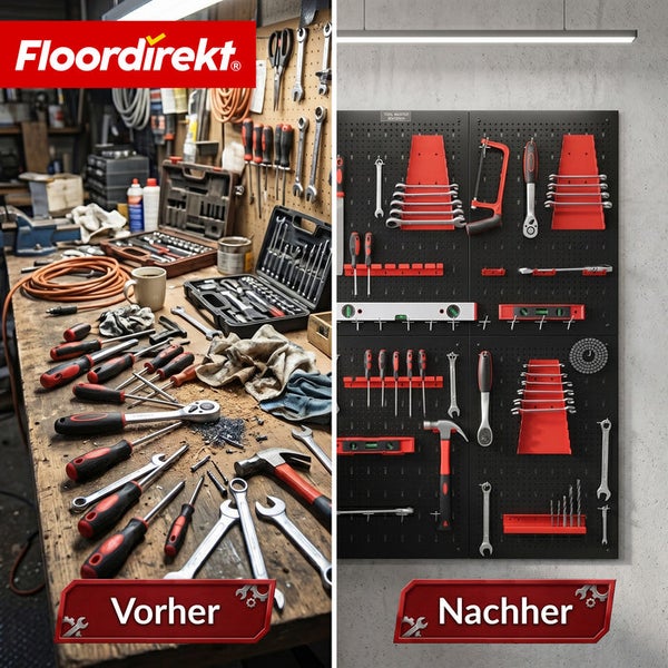 Floordirekt Logo. Vorher-Nachher-Vergleich: unordentliche Werkbank gegenüber organisierter Lochwand aus Metall mit Werkzeughaltern.