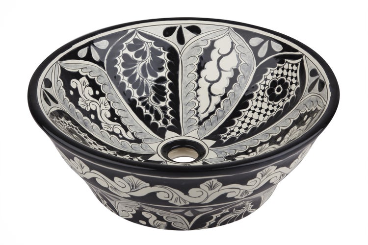 Keramikwaschbecken mit schwarzer, grauer und weißer Blumenmusterung