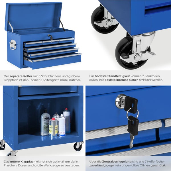 Blauer Werkzeugwagen mit sieben Fächern und Rädern