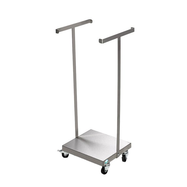 Mobiler Sackhalter aus Edelstahl mit vier Lenkrollen für Müllsäcke.