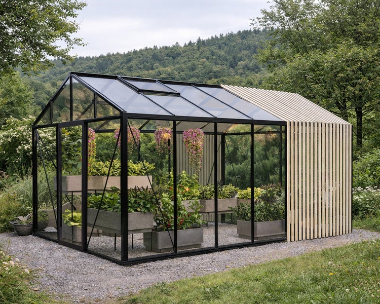 Modernes Gewächshaus aus Glas mit schwarzem Rahmen und Holzlamellen-Anbau im Garten, Pflanzen in grauen Pflanztrögen.