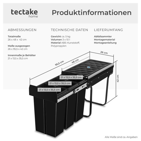 Abfallsammler tectake Ashlyn 26 x 48 x 42 cm 3-fach Mülltrennung, 3x10L schwarz
