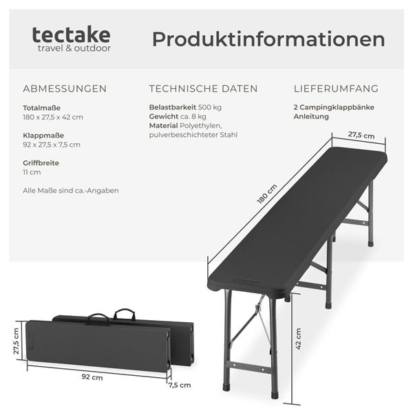 tectake Logo. Informationen zum Campingbank-Set: Maße circa 180 mal 27,5 mal 42 Zentimeter, Belastbarkeit 500 Kilogramm, Polyethylen und Stahl.