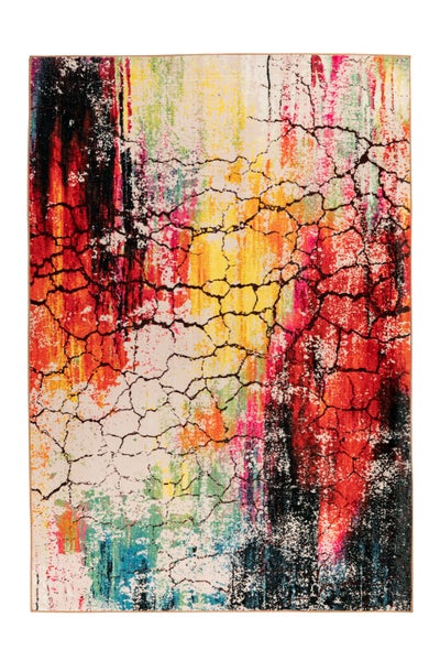 Nahaufnahme eines weichen Teppichs mit abstraktem und buntem Muster.