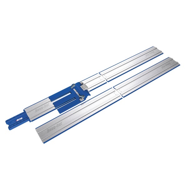 Kreg Accu-Cut Führungsschienensystem für Kreissägen aus Aluminium und blauem Kunststoff inklusive Führungsschlitten.