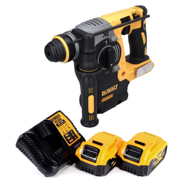 DeWalt Akku-Bohrhammer mit Zusatzhandgriff, Tiefenanschlag, Ladegerät und zwei Akkus.