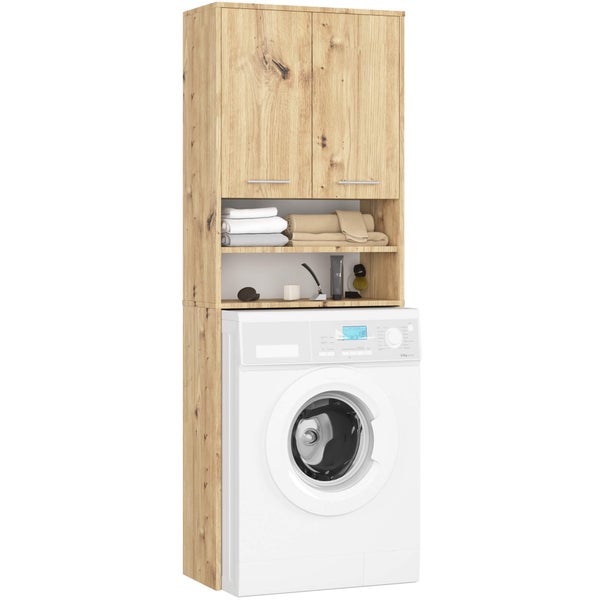 Waschmaschine mit Waschmaschinenunterschrank und Holzschrankaufsatz für das Bad