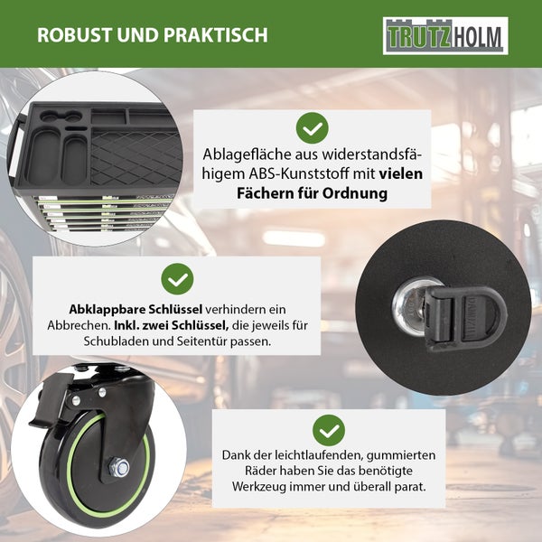 Infografik für Trutzholm Werkstattwagen mit Details zu ABS-Ablagefläche, abklappbaren Schlüsseln und gummierten Rädern.