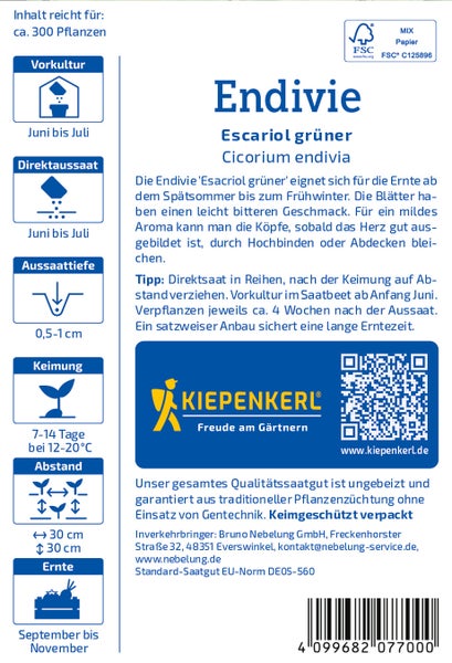 Saatguttüte Endivie Escariol grüner mit Anbauinformationen und Kiepenkerl Logo