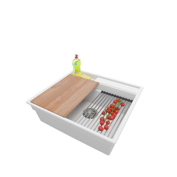 PRIMAGRAN Spülbecken Weiß 58x53cm, Granitspüle 1 Becken + Ablauf-Set + Küchenzubehörset, Küchenspüle ab 60er Unterschrank - Oslo Pocket