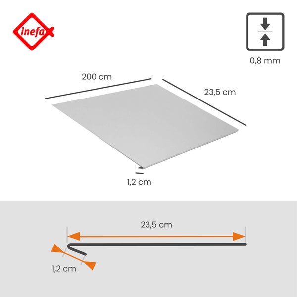 Inefa Flachblech mit 200 Zentimeter Länge, 23,5 Zentimeter Breite, 1,2 Zentimeter Kantung und 0,8 Millimeter Materialstärke. Inefa Logo.