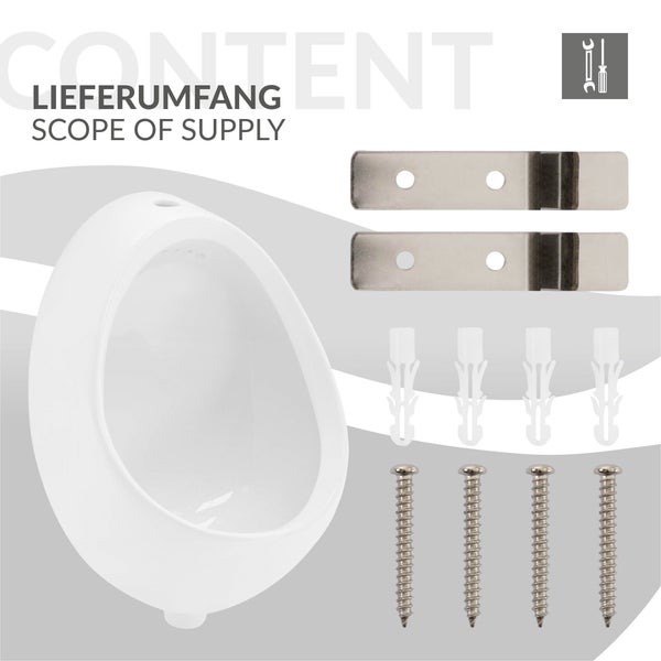 ECD Germany Urinal Weiß Zulauf von oben, Keramik Pinkelbecken mit Nano-Versiegelung, Modernes Pissoir, 35x46x30 cm, oval, Spülrand geschlossen, Senkrechter Ablauf, WC-Urinal Absaugeurinal Urinalbecken