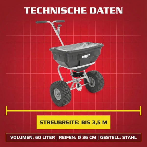 Streuwagen mit einem Volumen von 60 Litern, Reifen mit 36 cm Durchmesser und Stahlgestell
