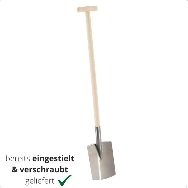 Gartenspaten mit T-Stiel aus Holz, bereits fertig montiert und verschraubt.