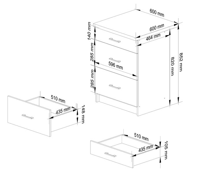 Technische Zeichnung einer Kommode mit drei Schubladen und Maßangaben