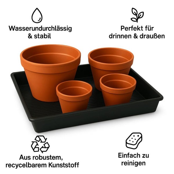 Kunststoffwanne mit Pflanztöpfen. Wasserundurchlässig, stabil, für innen und außen geeignet, aus robustem recyceltem Kunststoff und leicht zu reinigen.
