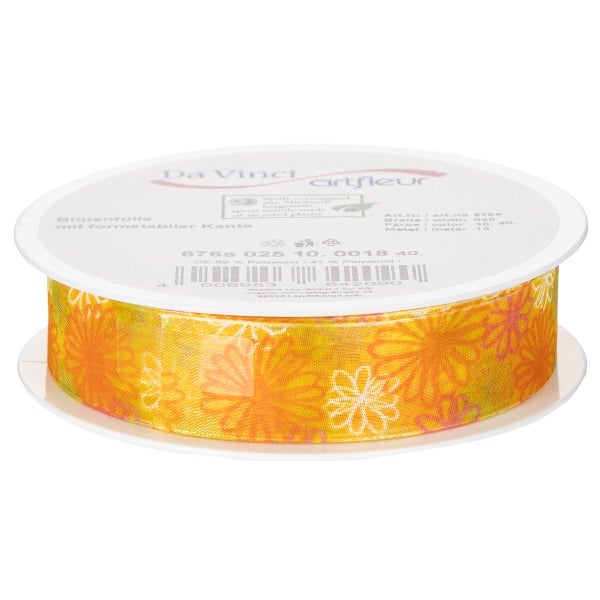 Dekorationsband mit Blumenmuster auf Spule aus Recyclingkunststoff, 25 Millimeter breit, 18 Meter lang, Polyester und Polyamid, formstabile Kante.
