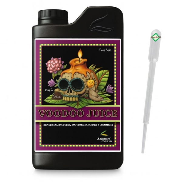 Voodoo Juice Wurzelstimulator in einer schwarzen Kunststoffflasche mit Totenkopf-Illustration und Kunststoffpipette mit Weedness Logo.