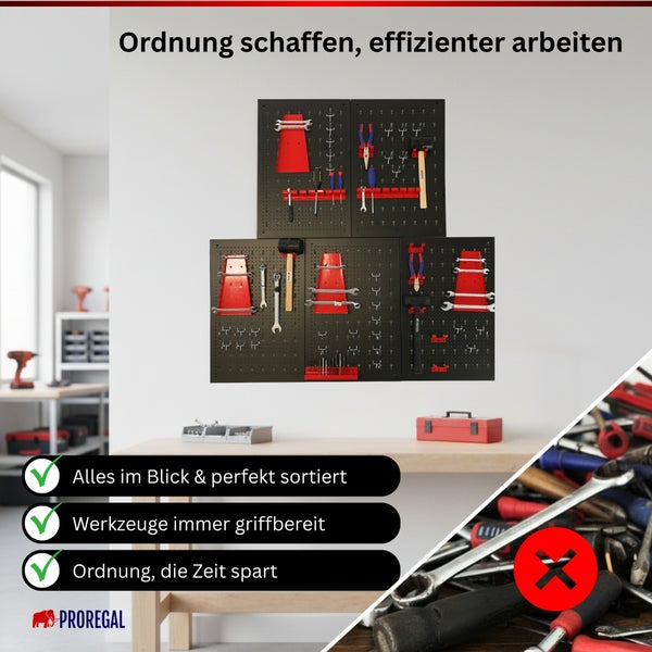 Organisierte PROREGAL Werkzeugwand aus Metall in einer Werkstatt im Vergleich zu ungeordnetem Werkzeug für effizientes Arbeiten. PROREGAL Logo.