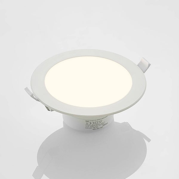 Runde LED Einbauleuchte von Prios mit 18 Watt, Schutzart IP44 und weißem Rahmen.