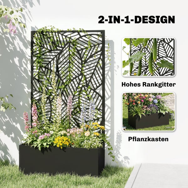 Schwarzer Pflanzkasten mit hohem Rankgitter im dekorativen Blätterdesign, bepflanzt mit bunten Blumen und grünen Kletterpflanzen.
