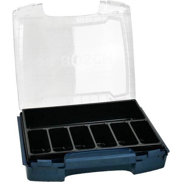 Bosch Kleinteilemagazin aus Kunststoff mit transparentem Deckel und mehreren schwarzen Innenfächern für Zubehör.