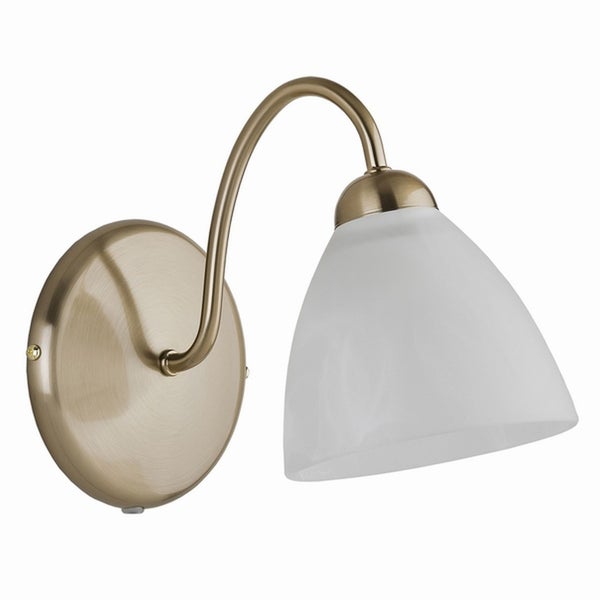 Klassische Wandleuchte in Antikoptik mit geschwungenem Arm und satiniertem Glasschirm zur stimmungsvollen Beleuchtung.