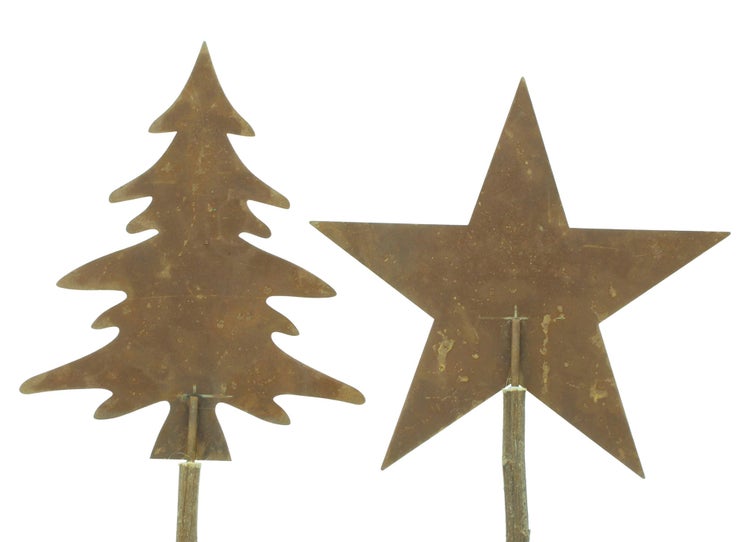 Dekorationselemente Tannenbaum und Stern auf Holzstab