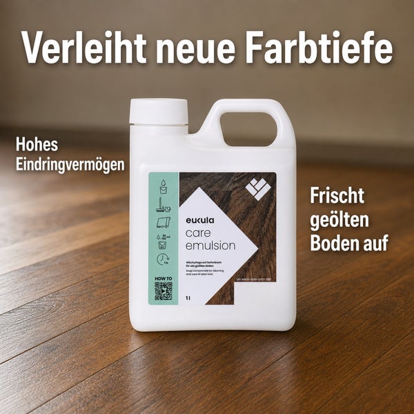 Eukula Pflegemittel für geölte Böden in einer Ein Liter Flasche für Reinigung und Pflege von Holzfußböden.