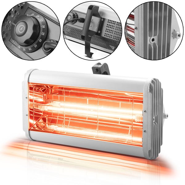 Infrarot-Heizstrahler mit Heizröhren im Betrieb, Detailansichten der Zeitschaltuhr, Montagehalterung und seitlichen Kühlrippen.