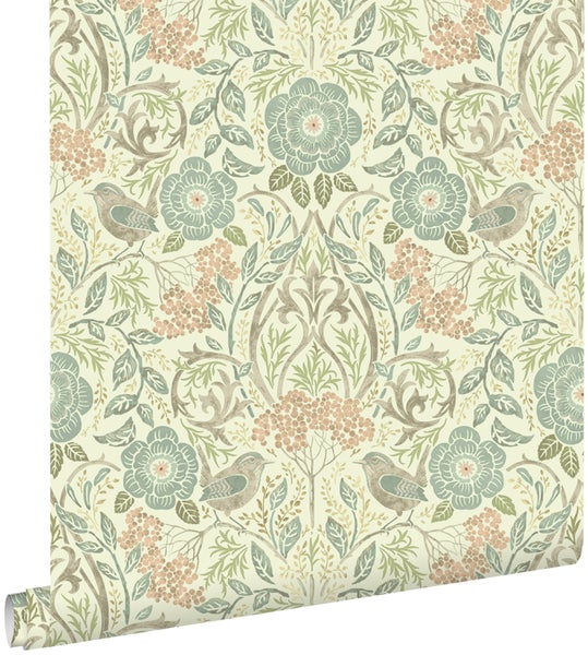 ESTAhome Tapete Blumen und Vögel im Jugendstil Graublau, Braun und Altrosa - 53 cm x 10.05 m - 139323