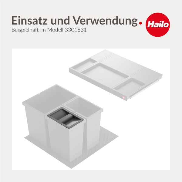 Abfalltrennsystem von Hailo mit drei Behältern, einer ausziehbaren Ablage und Hailo Logo.