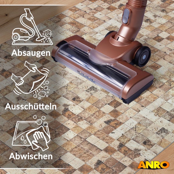 Staubsaugerdüse reinigt einen Bodenbelag mit Mosaikmuster. Symbole für Absaugen, Ausschütteln und Abwischen. ANRO Logo.
