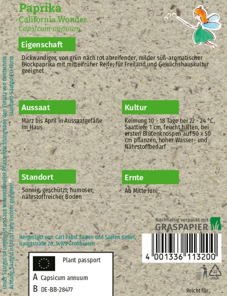 Rückseite einer Samentüte für Paprika California Wonder aus Graspapier mit Anbauanleitungen für Aussaat, Standort, Kultur und Ernte.