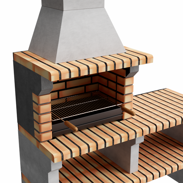 Gartenkamin aus Ziegeln mit integrierter Grillfläche und seitlicher Ablagefläche für den Außenbereich