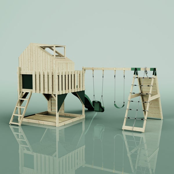 Spielplatz aus Holz mit Spielhaus, Rutsche und Schaukel