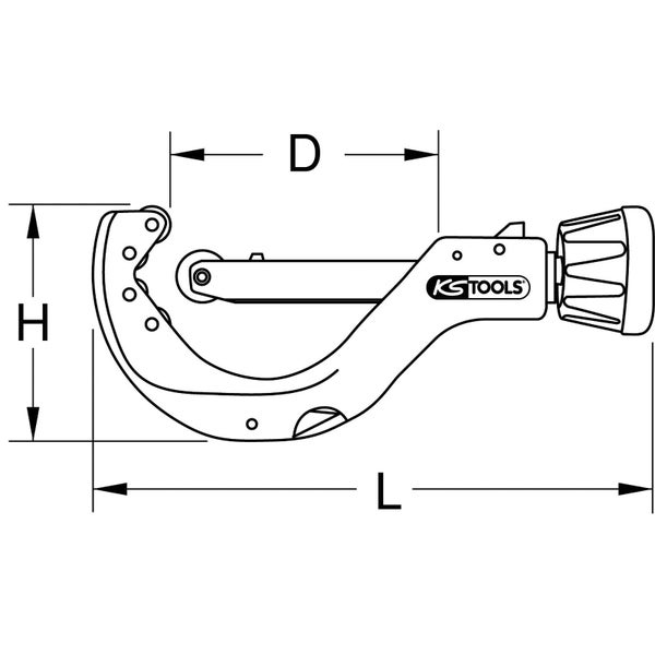 Maßzeichnung eines Rohrabschneiders von KS Tools mit Markierungen für Durchmesser, Höhe und Länge.