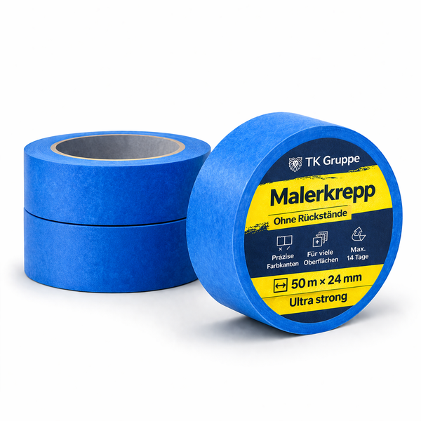 Blaues Malerkrepp von TK Gruppe, 50 Meter mal 24 Millimeter, rückstandslos entfernbar, für präzise Farbkanten.