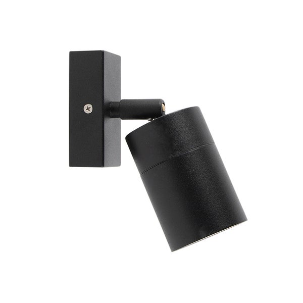 Schwarzer, verstellbarer Wandstrahler mit zylindrischem Lampenkopf und rechteckiger Wandhalterung.