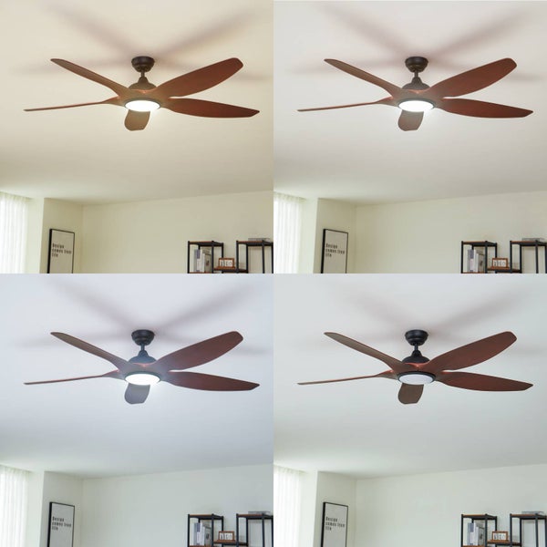 Deckenventilator mit fünf Holzflügeln und LED-Licht in vier verschiedenen Farbtemperaturen in einem hellen, modernen Raum.