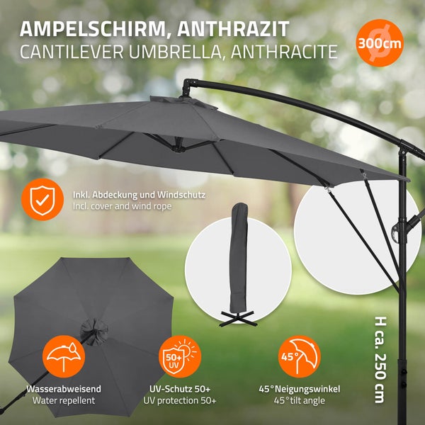 Ampelschirm mit 300 Zentimeter Durchmesser, wasserabweisendem Bezug, 45 Grad Neigungswinkel, UV-Schutz 50 plus sowie Abdeckung und Windschutz.