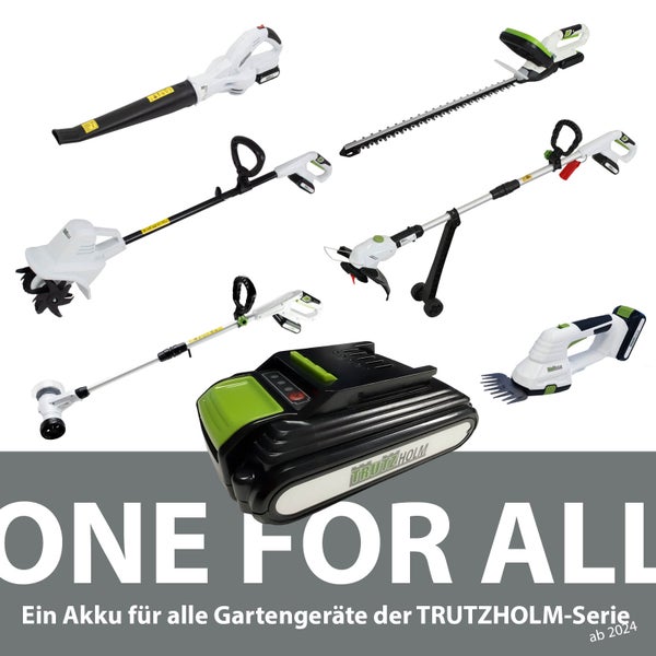 Trutzholm Akku-Gartengeräte-Set mit Laubbläser, Heckenschere, Bodenhacke, Rasentrimmer, Grasschere und universellem Akku der Trutzholm-Serie.