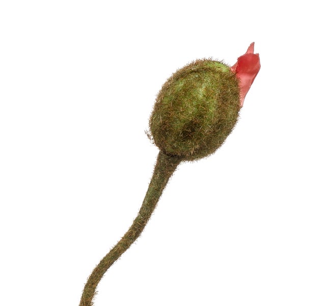 Künstlicher lachsfarbener Mohnzweig mit einer offenen Blüte und einer Knospe.