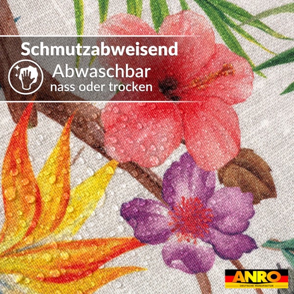 Schmutzabweisendes und nass oder trocken abwaschbares Textil mit floralem Muster. ANRO Logo.