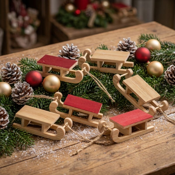 Dekorative Holzschlitten als Weihnachtsbaumschmuck auf einem Holztisch mit Tannenzweigen, Tannenzapfen und Weihnachtskugeln dekoriert.