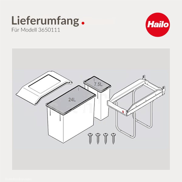 Lieferumfang für Hailo Modell 3650111 mit 24 Liter Abfalleimer, 7,5 Liter Abfalleimer, Deckel, Montagerahmen und vier Schrauben. Hailo Logo.