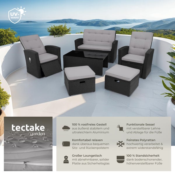 Rattan Lounge tectake Bari mit Sicherheitsglasplatte und Schraubfüßen mit Aluminiumgestell schwarz
