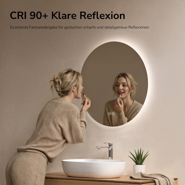 Moderner runder LED-Badspiegel mit Hintergrundbeleuchtung und CRI 90 plus in einem hellen Badezimmer mit Aufsatzwaschbecken und Holzkonsole.
